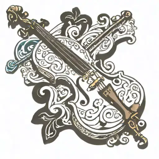 Violin with a heart and the word "DEVA" written in the middle tattoo design idea