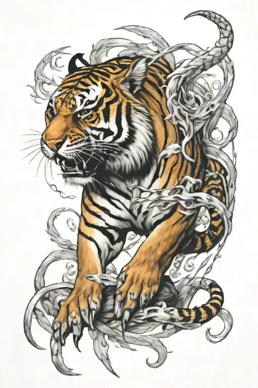 colon cancer ribbon swinging tiger with a dragon emerging tattoo design idea