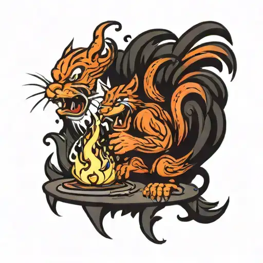 Cartoon South Carolina gamecock roasting a clemson tiger over a fire  tattoo design idea