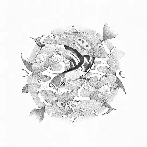 School of Koi fish swimming in a circle with geometric shapes tattoo design idea