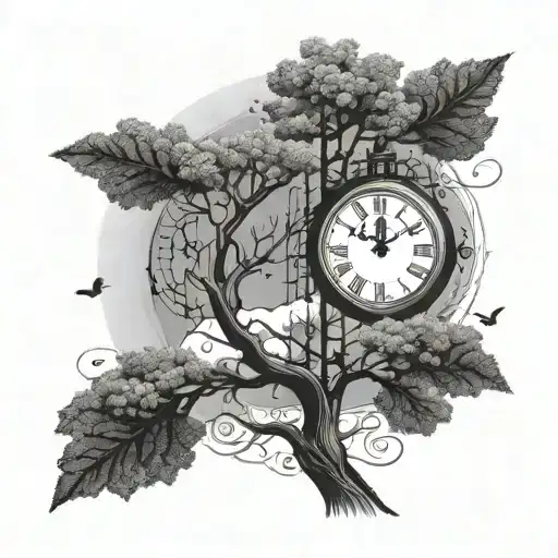 "Create a simple, black and white drawing that reflects the awareness of time, having a tree and a clock, bring the elements together tattoo design idea