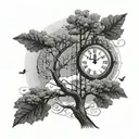"Create a simple, black and white drawing that reflects the awareness of time, having a tree and a clock, bring the elements together tattoo design idea