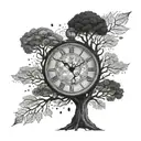 "Create a simple, black and white drawing that reflects the awareness of time, having a tree and a clock, bring the elements together tattoo design idea