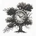 "Create a simple, black and white drawing that reflects the awareness of time, having a tree and a clock, bring the elements together tattoo design idea