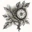 "Create a simple, black and white drawing that reflects the awareness of time, having a tree and a clock, bring the elements together tattoo design idea