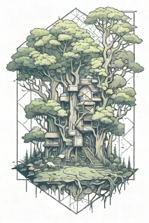 A sketch of a mystical forest scene inspired by a popular video game, with hidden references to your favorite anime characters peeking through the trees tattoo design idea