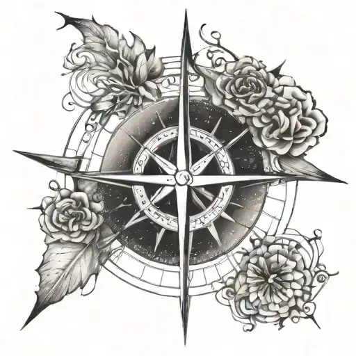 Sagittarius symbol intertwined with a compass rose, representing exploration and adventure tattoo design idea