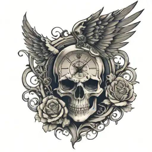 A skull with wings and a clock, symbolizing your fearless attitude towards death and the importance of seizing every mom tattoo design idea