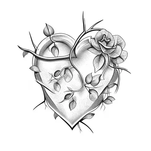 Floral vine with thorns growing around a broken heart tattoo design idea