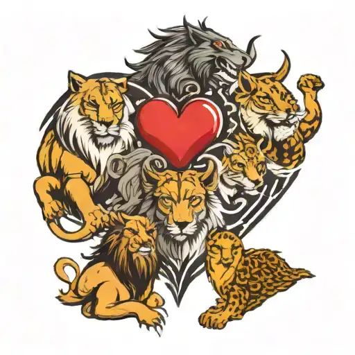 a timberwolf, a dragon, a lion, the devil and a goose in the shape of a heart tattoo design idea