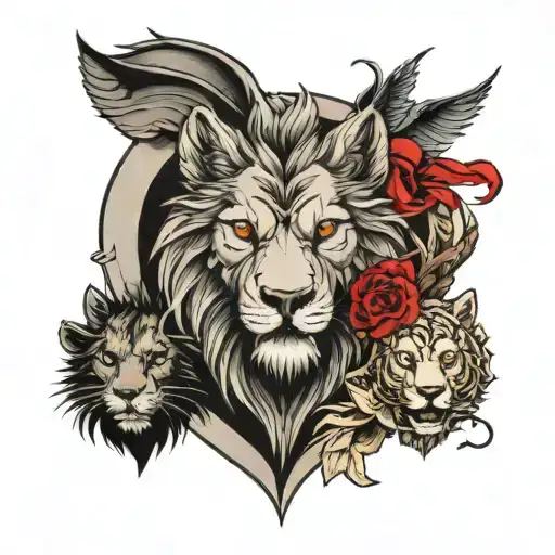 a timberwolf a dragon a lion the devil and a goose in the shape of a heart tattoo design idea