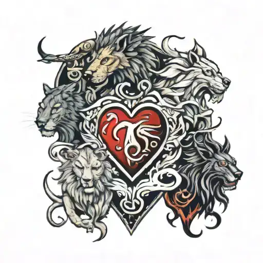 a timberwolf, a dragon, a lion, the devil and a goose in the shape of a heart tattoo design idea