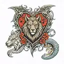 a timberwolf a dragon a lion the devil and a goose in the shape of a heart  tattoo design idea