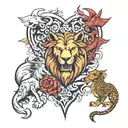 a timberwolf a dragon a lion the devil and a goose in the shape of a heart  tattoo design idea