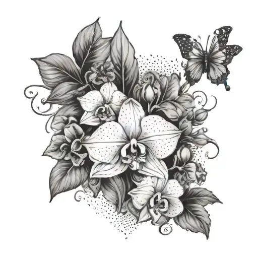 A dotwork tattoo of a mystical garden with hidden hibiscus and orchids peeking out among the foliage, symbolizing the client's passion for gardening tattoo design idea