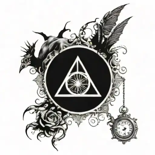 Harry Potter casting a spell. Hogwarts. Dobby. Edwiges. Time turner. Deatlhy Hallows. tattoo design idea