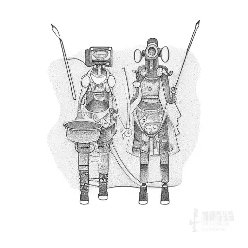A tattoo-style line drawing of two pot-smoking chicks. One of them is a musician and the other is half robot half chicks tattoo design idea