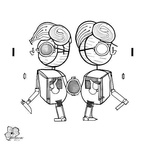 A tattoo-style line drawing of two pot-smoking chicks. One of them is a musician and the other is half robot half chicks tattoo design idea