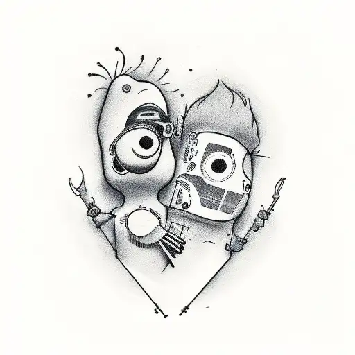 A tattoo-style line drawing of two pot-smoking chicke. One of them is a musician and the other is half robot half chicke tattoo design idea