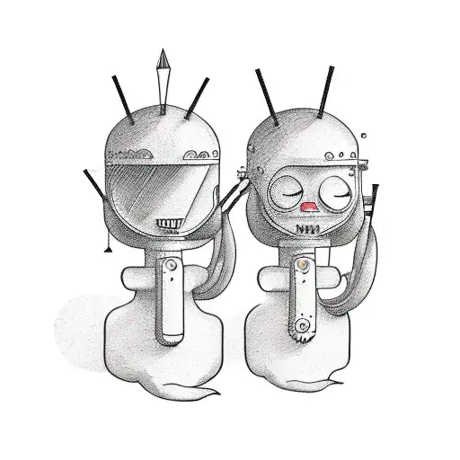 A tattoo-style line drawing of two pot-smoking chicks. One of them is a musician and the other is half robot half chicke tattoo design idea