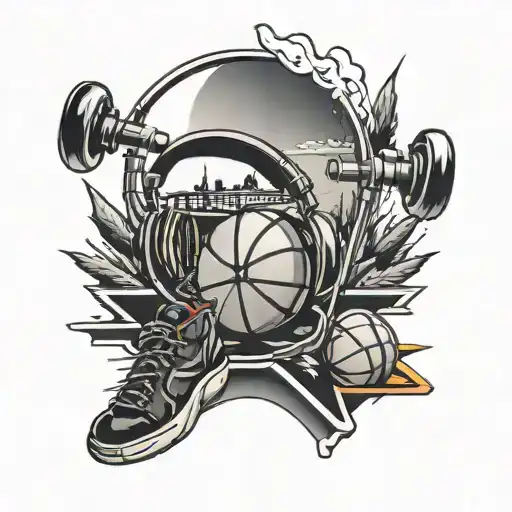 basketball and headphones and highway leading into the horizon tattoo design idea