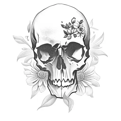 skull with flowers, dark tattoo design idea