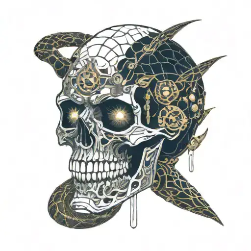 snakes fly out of the eyes of the skull, and out of the mouth of the snakes eyes, the jaw of the skull open  tattoo design idea