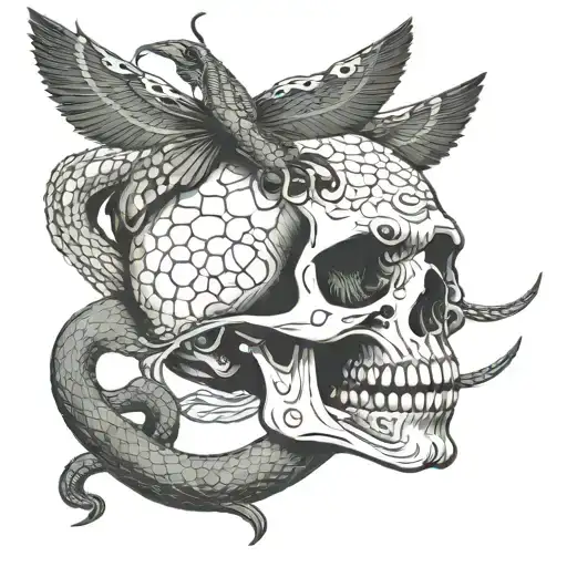 snakes fly out of the eyes of the skull, and out of the mouth of the snakes eyes, the jaw of the skull open  tattoo design idea