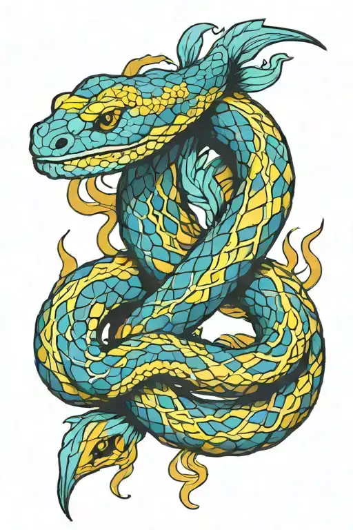 two snakes, one yellow and one blue that intertwine around the arm, at the end their heads intertwine, the yellow one wi tattoo design idea