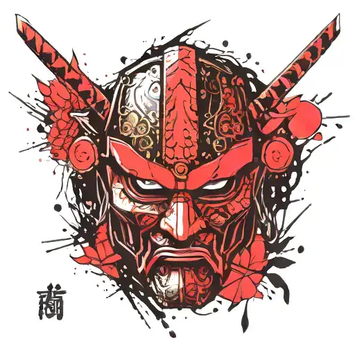 Broken Japanese Style Samurai Mask tattoo design idea
