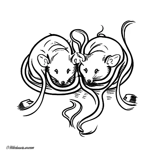 Two rats sleeping together with their tails intertwined tattoo design idea