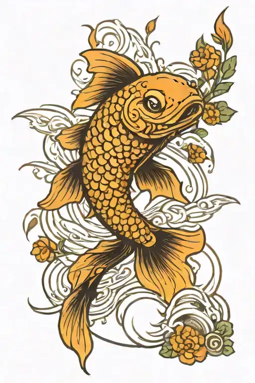 A tattoo of a koi fish swimming in a river with Inca warriors drawings in the background, incorporating elements of hiking trails tattoo design idea