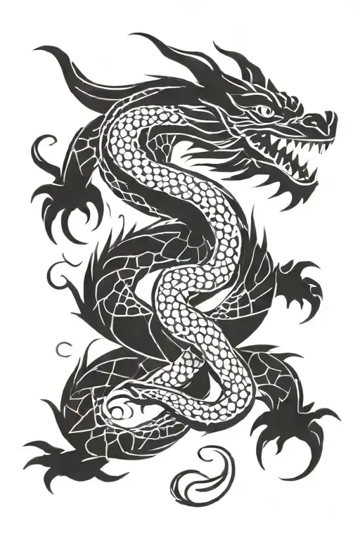 A dragon intertwined with a koi fish, symbolizing strength and perseverance, with subtle references to American football and hiking trails in the design tattoo design idea