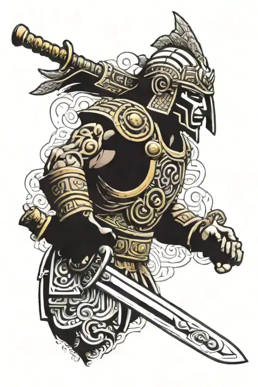 A combination tattoo of an Aztec warrior wielding a samurai sword, with elements of Japanese ancient architecture as the backdrop, in a dotwork style tattoo design idea
