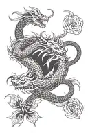 A dragon intertwined with a koi fish, symbolizing strength and perseverance, with subtle references to American football and hiking trails in the design tattoo design idea