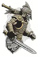 A combination tattoo of an Aztec warrior wielding a samurai sword, with elements of Japanese ancient architecture as the backdrop, in a dotwork style tattoo design idea