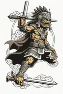 A combination tattoo of an Aztec warrior wielding a samurai sword, with elements of Japanese ancient architecture as the backdrop, in a dotwork style tattoo design idea