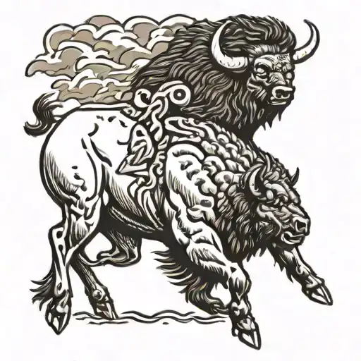 bison running into storm tattoo design idea