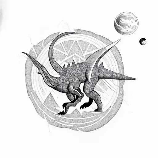  blackwork tattoo featuring a dinosaur-themed spaceship embarking on a cosmic journey through distant galaxies. tattoo design idea