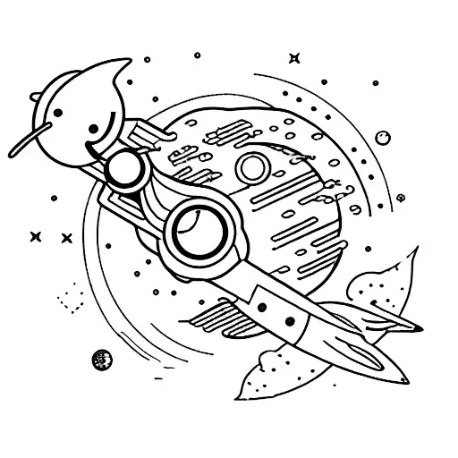 A blackwork tattoo of a dinosaur spaceship exploring distant galaxies tattoo design idea
