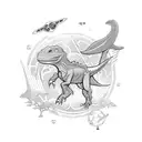  blackwork tattoo featuring a dinosaur-themed spaceship embarking on a cosmic journey through distant galaxies. tattoo design idea