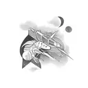  blackwork tattoo featuring a dinosaur-themed spaceship embarking on a cosmic journey through distant galaxies. tattoo design idea