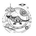  blackwork tattoo featuring a dinosaur-themed spaceship embarking on a cosmic journey through distant galaxies. tattoo design idea