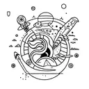  blackwork tattoo featuring a dinosaur-themed spaceship embarking on a cosmic journey through distant galaxies. tattoo design idea