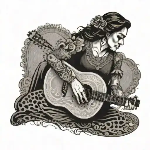An intricate tattoo design of a flamenco dancer with a guitar, capturing the client's passion for flamenco and guitarras tattoo design idea