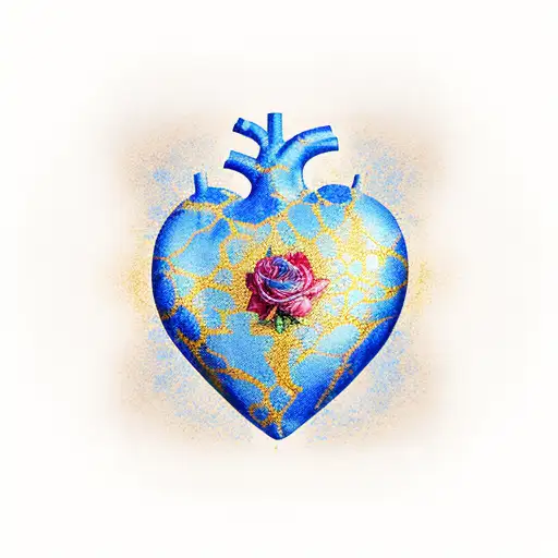 Heart of bone china and blue floral paterns sealed with golden Kintsugi tattoo design idea