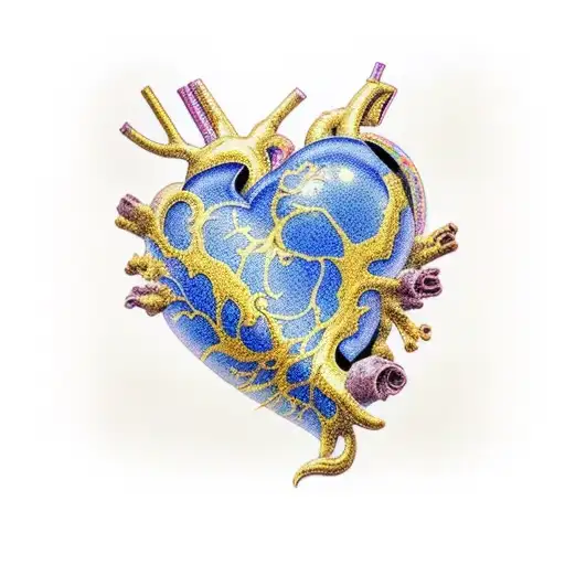 Heart of bone china and blue floral paterns sealed with golden Kintsugi tattoo design idea