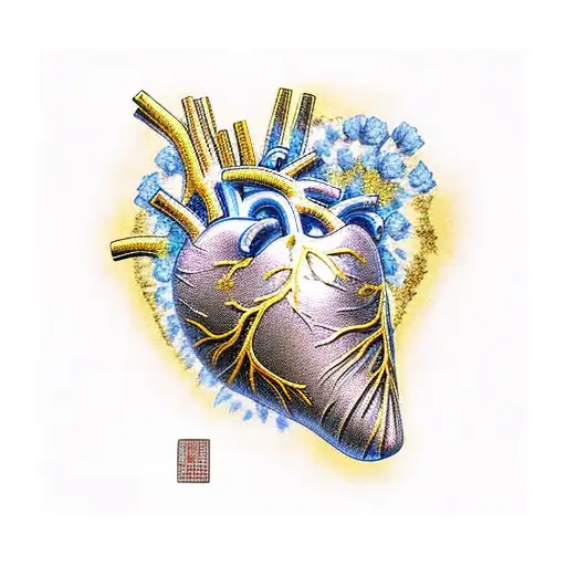 Heart of bone chine and blue floral paterns sealed with golden Kintsugi tattoo design idea