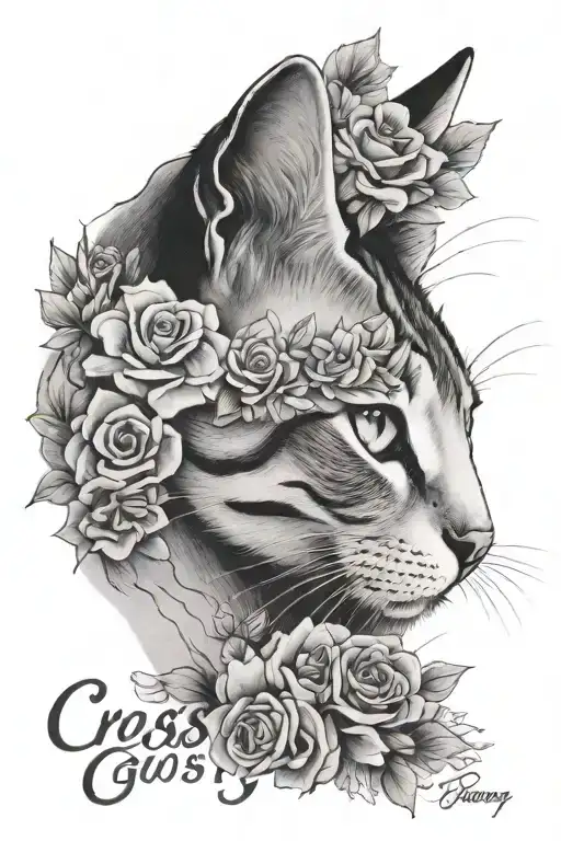 cats nose with the name Crosby written underneath in script with flowers around it  tattoo design idea