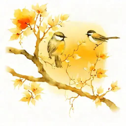 sunset tree with chickadees perched tattoo design idea